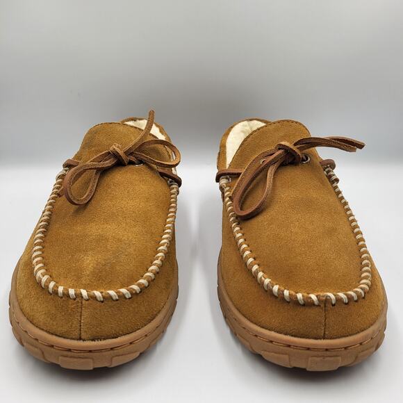 Eddie Bauer Tan Light Brown Suede Shearling-Lined Moccasin Slippers Men's Size 8 - Picture 5 of 11